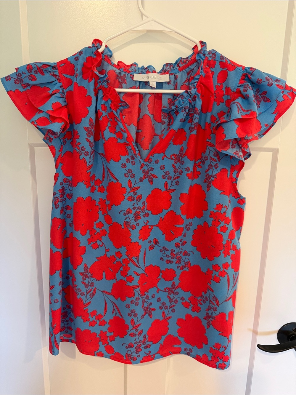 Sugarlips Blue & Red Floral Ruffle Sleeve V-Neck Blouse